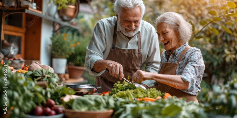 A happy couple of smart retirees cook delicious and nutritious meals together using various types of food
