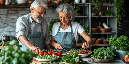 A happy couple of smart retirees cook delicious and nutritious meals together using various types of food