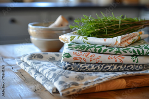 A stack of kitchen towels on a wooden table in the kitchen. photo