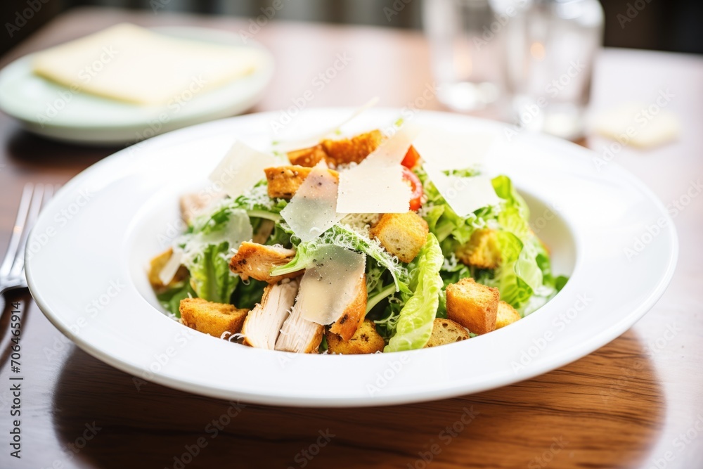 close-up of chicken caesar salad with croutons and parmesan