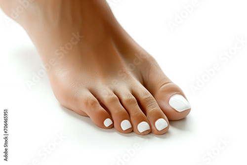 Crisp white pedicure on tanned feet set against a pure white background