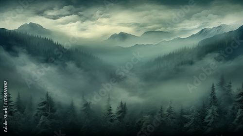 Dark Misty Forest Backdrop Enchanted Woods Gloomy Foggy Grove Mystery Halloween Background Nightmare. © ArtStockVault