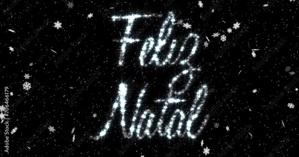 Animation of feliz natal text over snow falling on black background