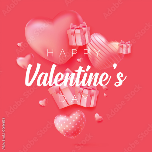 Happy Valentine's Day with calligraphy text. Horizontal banner for the website. Romantic background with realistic design elements, gift box, metal hearts, balloons in the shape of heart, strewn.