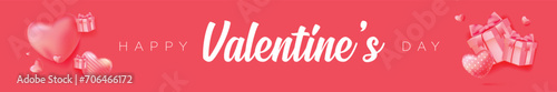 Happy Valentine's Day with calligraphy text. Horizontal banner for the website. Romantic background with realistic design elements, gift box, metal hearts, balloons in the shape of heart, strewn.