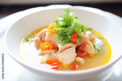 close-up of soup with chunks of chicken and diced tomatoes