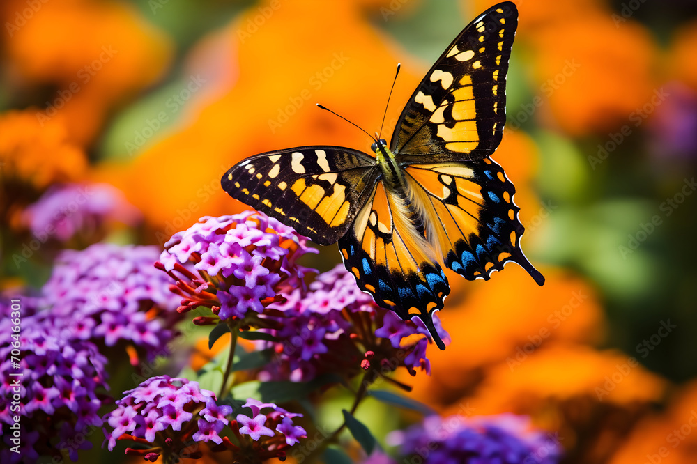 Naklejka premium Butterfly on a flower in the garden. Selective focus.