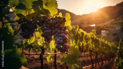 green vineyard rows at sunset. Neural network AI generated art