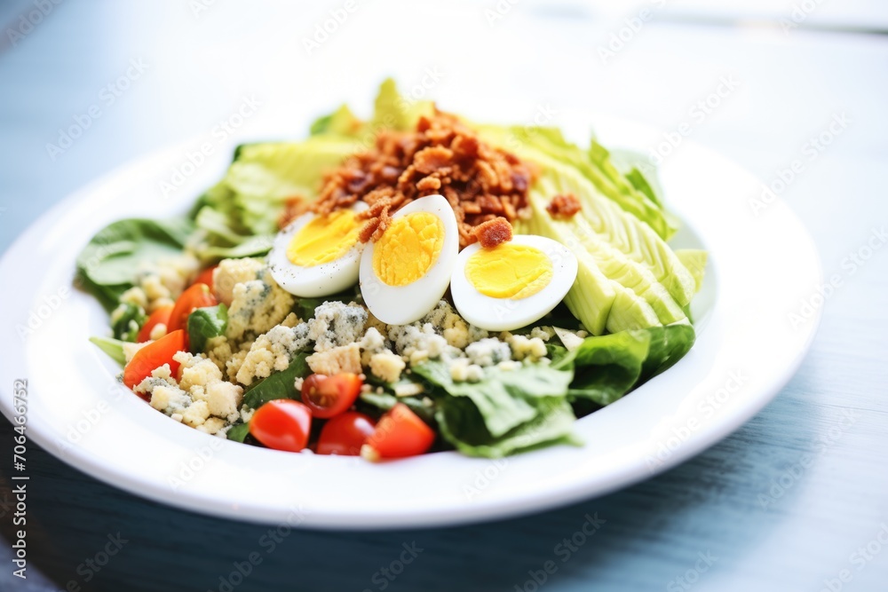 fresh cobb salad on white plate, blue cheese crumbs on top
