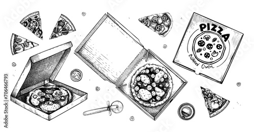 Pizza in paper box sketches set. Hand-drawn vector illustration. Vintage fast food drawing. Food delivery design element. Take away box package. Italian cuisine menu
