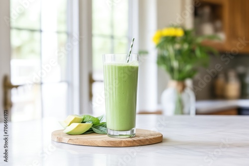 a vibrant green spinach smoothie mixed with coconut water in a tall glass