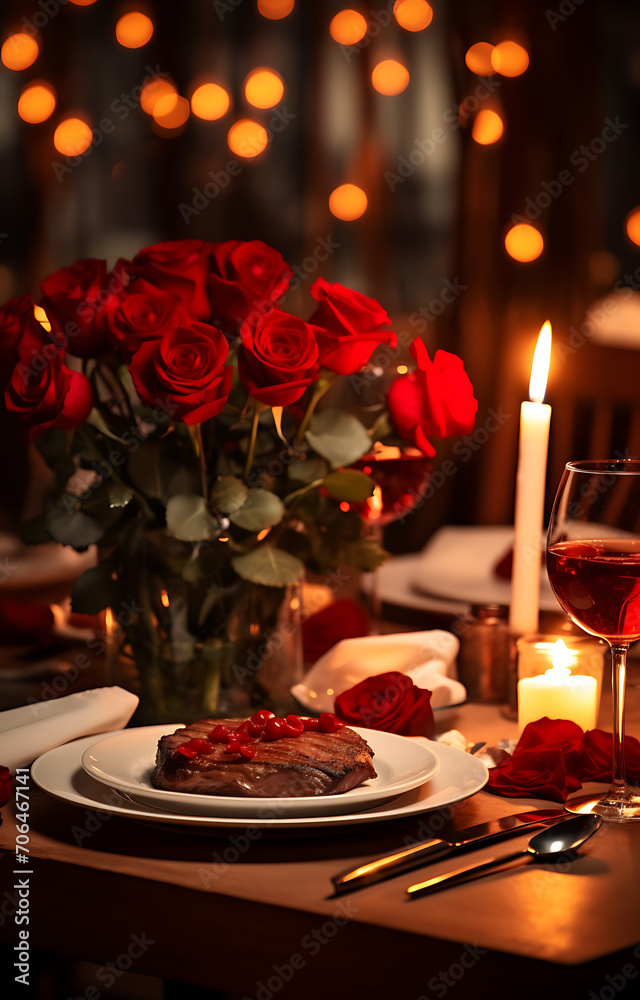 Romantic dinner setting in the beautiful restaurant atmosphere with flowers and silverware, candles and red roses on table with blurred lights on the background