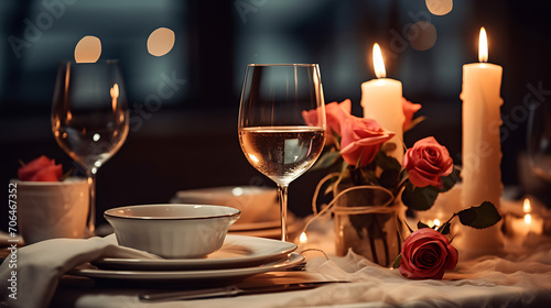Romantic dinner setting in the beautiful restaurant atmosphere with flowers and silverware  candles and red roses on table with blurred lights on the background