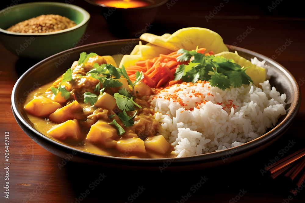Pork and mango curry with rice and chopsticks on wooden table Pork and mango curry with rice and chopsticks on wooden table