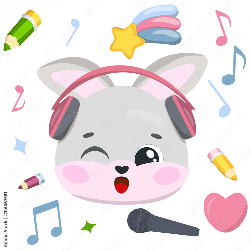 A funny little bunny sings in headphones. Bunny head in headphones, Music notes, microphone. A funny little bunny sings in headphones. Bunny head in headphones, Music notes, microphone.