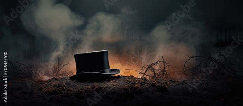 Mysterious scenery with top hat and smoky backdrop.
