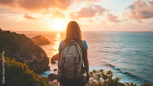 Young woman traveler with backpack looking at the sunset over the ocean.