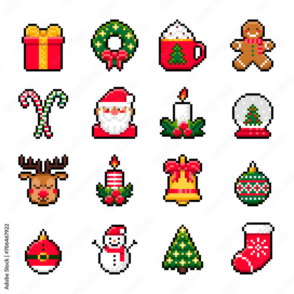 Christmas pixel art set. Isolated icons with Santa Claus, deer, snowman, gingerbread, gift box, candy cane in 16-bit old style. Vector illustration of New Year elements.