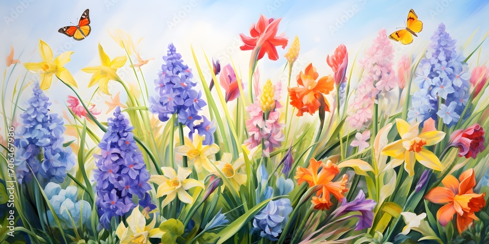 daffodils and hyacinths in the spring meadow