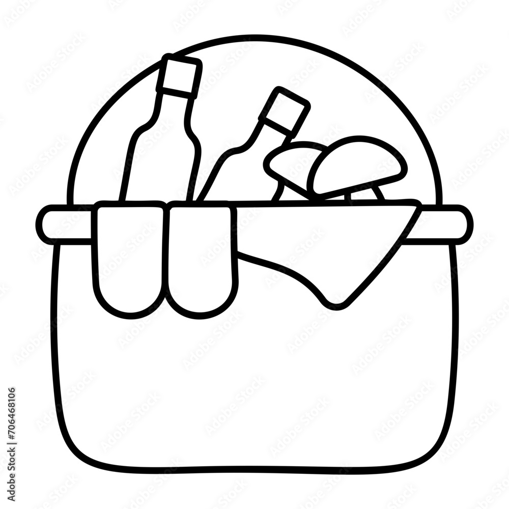 picnic hamper with beverages concept, bamboo hampers with food vector icon design, Camping and outdoor symbol, extreme sports equipment sign, Backpack and Adventure travel elements stock illustration picnic hamper with beverages concept, bamboo hampers with food vector icon design, Camping and outdoor symbol, extreme sports equipment sign, Backpack and Adventure travel elements stock illustration