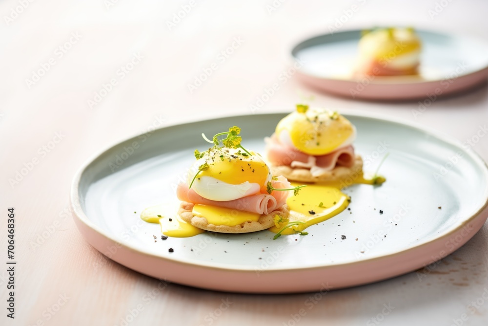 sliced eggs benedict showing yolk spill on a ceramic plate sliced eggs benedict showing yolk spill on a ceramic plate