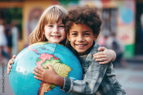 Earth Day or International Hug Day concept. Children hugging a model of the globe