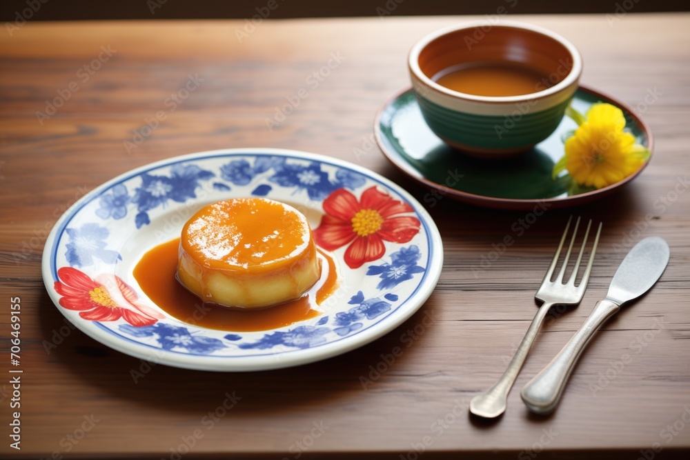 flan with caramel sauce on a white plate, over a dark wood table flan with caramel sauce on a white plate, over a dark wood table