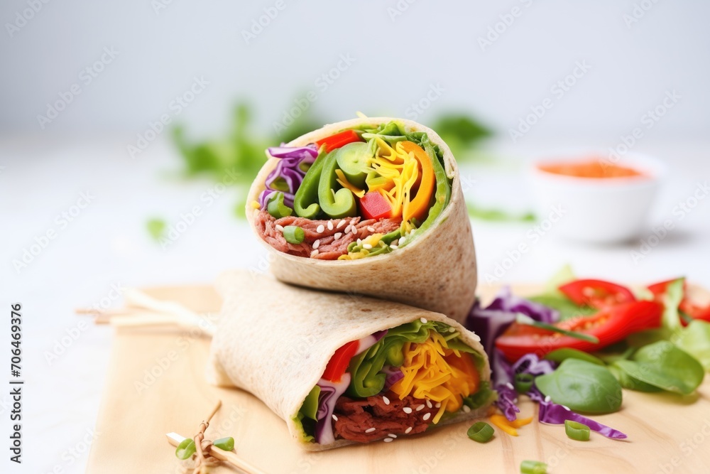 flaxseed wrap laid open with a rainbow of bell peppers inside