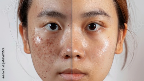 Before and after treatment of acne vulgaris, black spots and freckles on the oily face of Southeast Asian young woman. photo