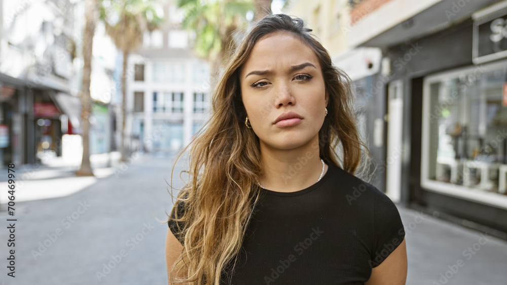 Stylish young hispanic woman, exuding coolness in her casual outfit, standing in an urban street, displaying a serious expression under the golden sunlight shining on her sleek hairstyle.