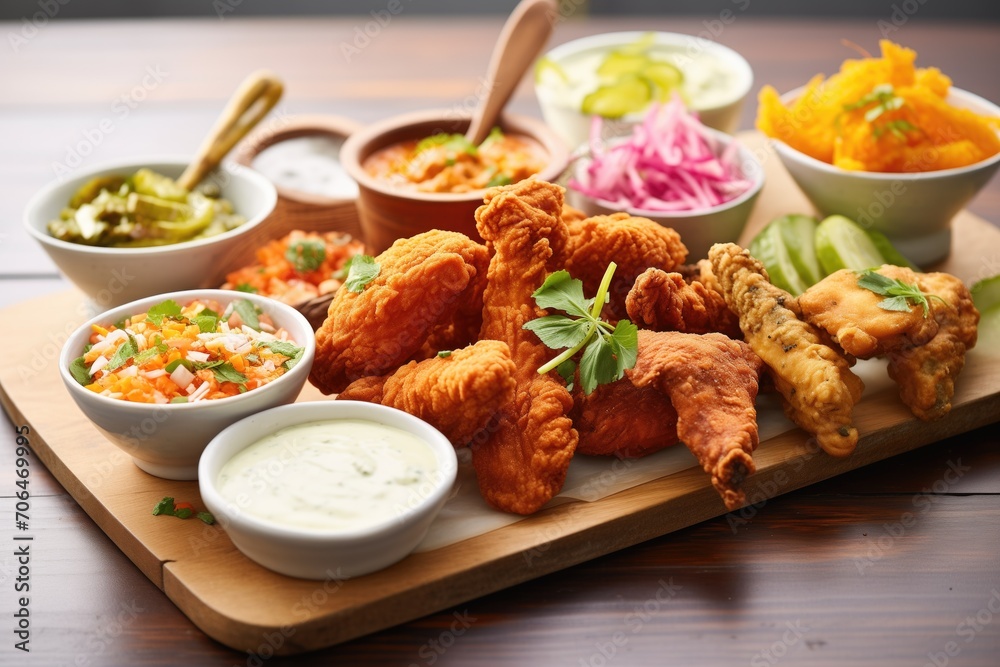 fried chicken party platter with various dips