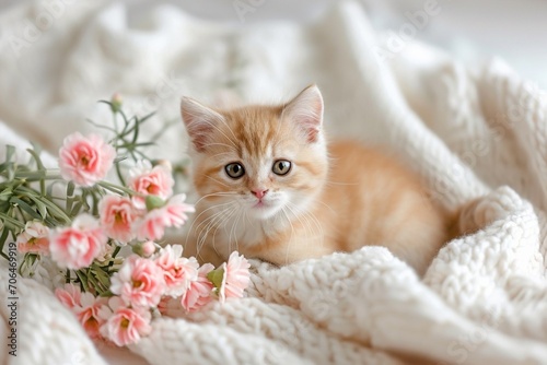 photo of a cute Scottish Straight kitten and pink flowers on a white knitted blanket