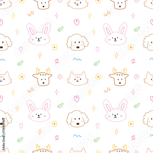 Cute face animal hand drawn doodle seamless pattern background for wrapping and wallpaper. Rabbit, dog, cat and deer. Outline art