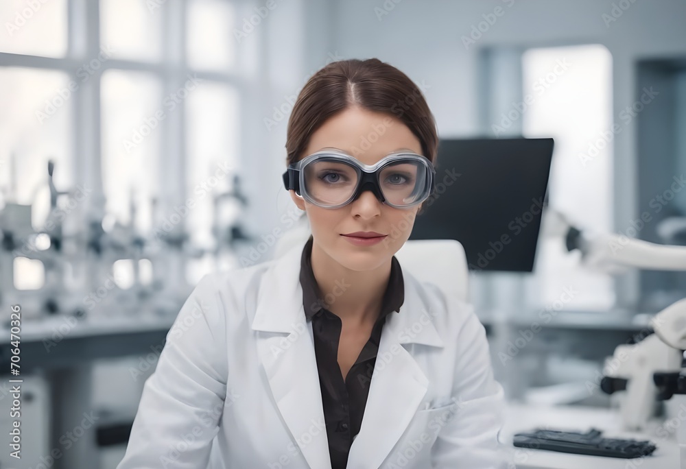 Close-up portrait of a positive multi-ethnic woman wearing safety goggles and lab coat, looking at camera in laboratory Close-up portrait of a positive multi-ethnic woman wearing safety goggles and lab coat, looking at camera in laboratory