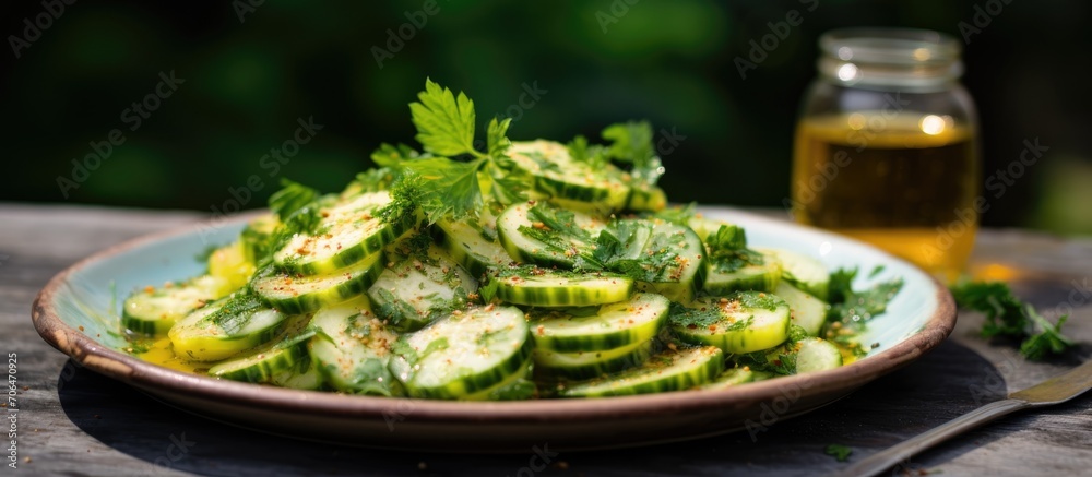 Honey, lemon, oil, parsley marinated cucumber apple salad. Honey, lemon, oil, parsley marinated cucumber apple salad.