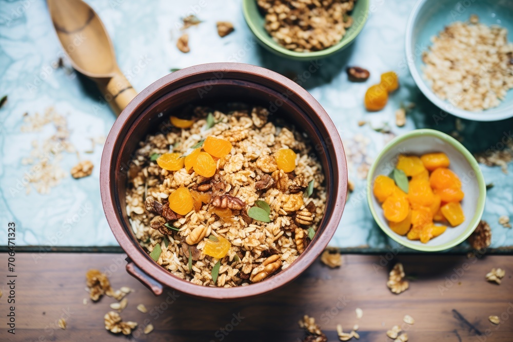dried apricots and walnuts topping a spiced granola bowl dried apricots and walnuts topping a spiced granola bowl