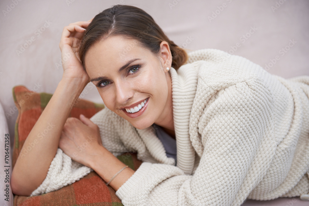 Woman, portrait and happy on sofa with relax, confidence or comfortable in living room of apartment. Person, face and smile on couch of lounge with comfort, chilling or lying down for day off in home Woman, portrait and happy on sofa with relax, confidence or comfortable in living room of apartment. Person, face and smile on couch of lounge with comfort, chilling or lying down for day off in home