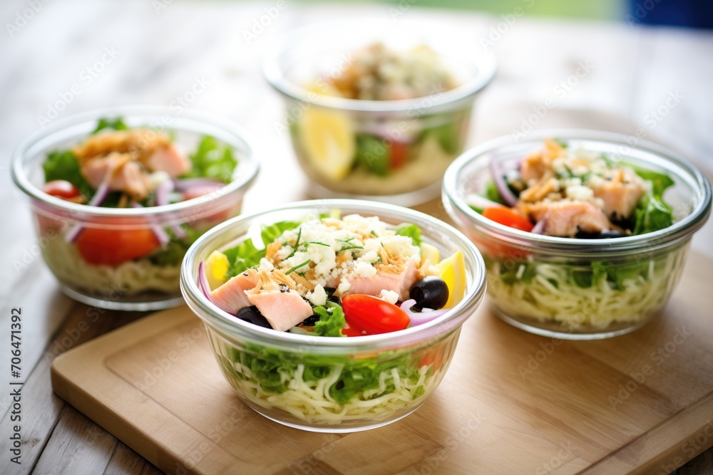 meal prep theme: several containers of greek salad for the week meal prep theme: several containers of greek salad for the week