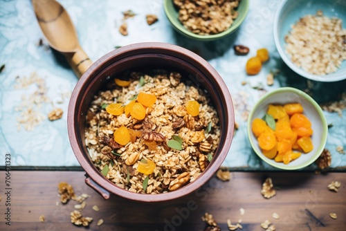 dried apricots and walnuts topping a spiced granola bowl
