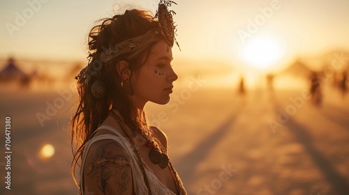 Young woman on a music festival in desert