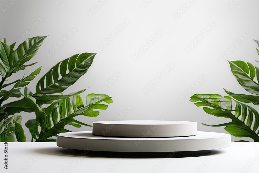 Empty podium surface decorated with leaves with minimal theme in the background Empty podium surface decorated with leaves with minimal theme in the background