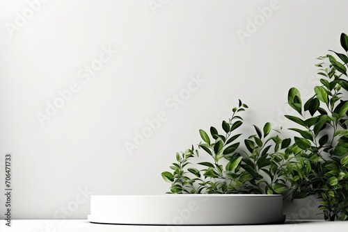 Empty podium surface decorated with leaves with minimal theme in the background © linen
