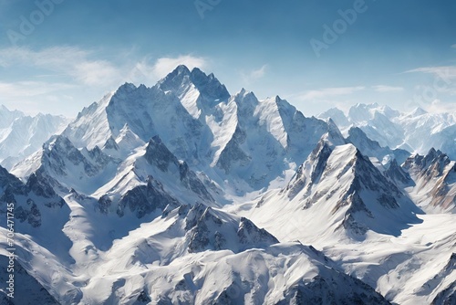 Mountain range with snow-capped peaks and a clear blue sky