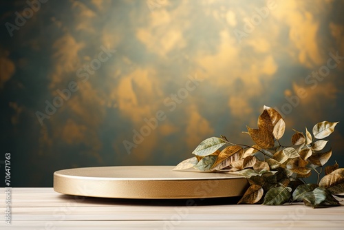 Empty podium surface decorated with leaves with minimal theme in the background © linen