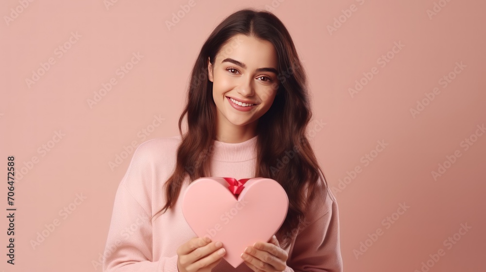 Playful woman holding heart shaped gift box. Saint Valentines Day gift concept. Generative AI Playful woman holding heart shaped gift box. Saint Valentines Day gift concept. Generative AI