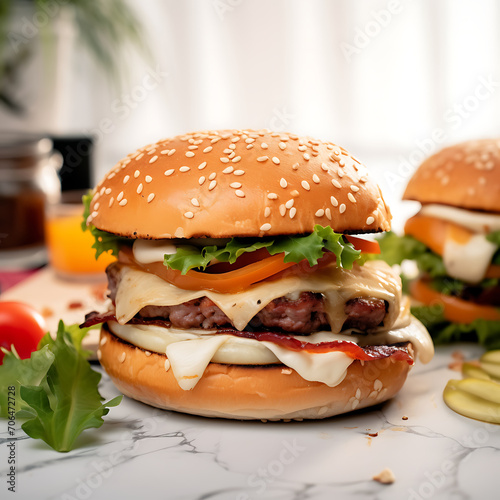Double hamburger isolated on white background Fresh burger fast food with beef and cream cheese