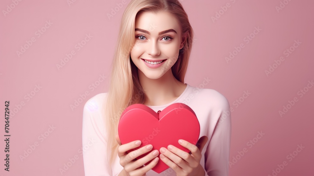 Valentines day concept. Cute teenage asian girl showing big red heart card, falling in love, pink background. Generative AI Valentines day concept. Cute teenage asian girl showing big red heart card, falling in love, pink background. Generative AI