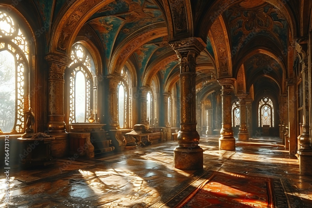 Obraz premium Sunlit Gothic Chapel Interior. Generative ai