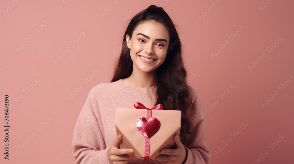 Happy young woman holding a big heart gift box on a solid background. Generative AI Happy young woman holding a big heart gift box on a solid background. Generative AI