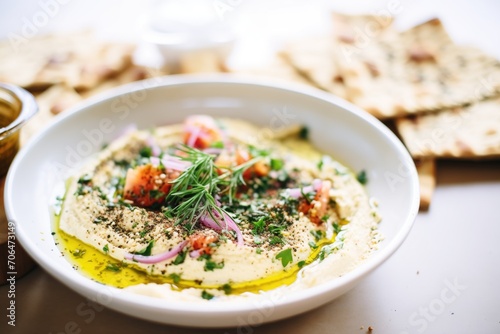 elevated bowl of hummus with sprinkle of zaatar and flatbread photo
